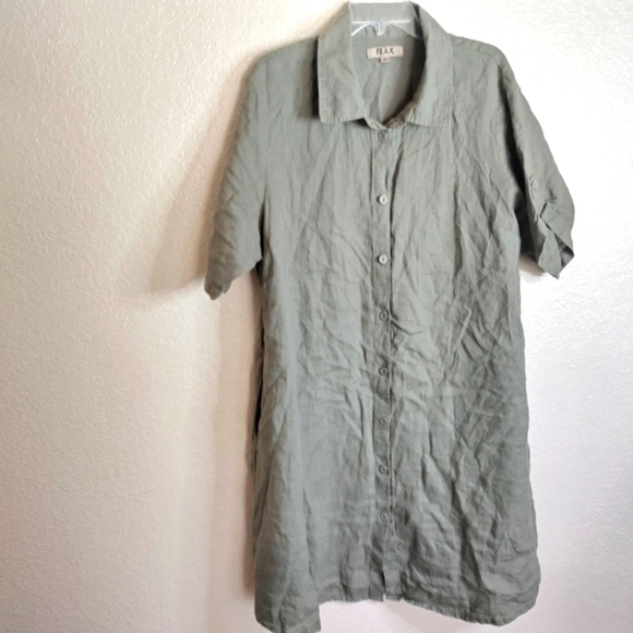 FLAX lagenlook button down shirt dress pockets sz L - Picture 1 of 10